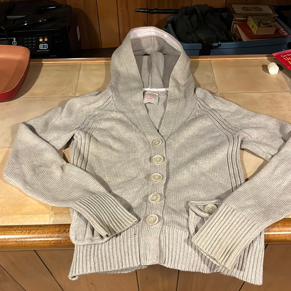 Beige large button up long sleeve hoody jacket